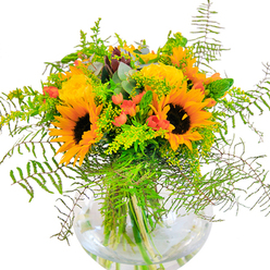 The first impression of this bouquet is radiant positivity, reminiscent of golden hours in Brompton's tranquil corners. Majestic sunflowers, with their open, honey-bright petals and dark, inviting centers, pair harmoniously with clusters of sunshine-yellow roses, whose layered petals form lush, spiralled blooms brimming with delicate fragrance. Bold red Hypericum berries scatter brilliantly among the greens, their glossy roundness providing a playful visual counterpoint to the softer shapes of the petals. Richly textured greenery-cascading ferns, airy goldenrod with its subtle yellow inflorescence, and the cool blue-green sheen of eucalyptus-spills from the arrangement's rounded edges, creating a sense of gentle movement that recalls a breeze along Brompton Road. The bouquet gathers in a clear, round glass vase, its bowl-shaped contours illuminating the vibrant stems and magnifying their freshness in the water below. Up close, the interplay of suede sunflowers, smooth-skinned berries, tightly furled petals, and crisp greens becomes apparent-the tactile beauty making the composition as pleasant to imagine handling as to see. This bouquet would grace any celebration or mark an important milestone in Brompton, evoking cheer and sincerity with every sunlit detail.